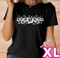 ハイビスカスTシャツ♡XLサイズ♡フラダンス ハワイアン♡黒半袖 タヒチアンのサムネイル