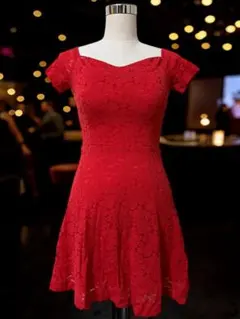 二の腕カバー 赤 花柄 レース 半袖 Aライン フレア ミニ ドレス キャバ