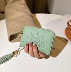 p39 クラフトPUレザー ラウンドファスナー財布 フリンジ付 ミント 498