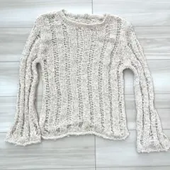 ベージュ 編み込みデザイン 長袖ニットセーター XS