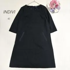 【インディヴィ】日本製　Aライン　ワンピース　5分袖　ひざ丈　上品　黒　XL