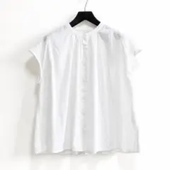 無印良品 バンドカラー チェック フレンチスリーブ ブラウス シャツ ホワイト