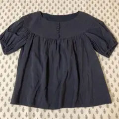タグなし　ボンメルスリー　くるみボタン 半袖ブラウス ネイビー　シルク　麻のサムネイル