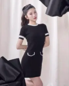 Darich ダーリッチ バイカラーラインニットミニワンピース BLK