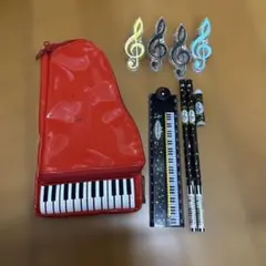 音符文房具　クリップ4個　ピアノ型ペンケース　鉛筆　キャップ　物差し