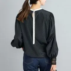 早い者勝ち！【美品】SHIPS フロッキードット袖レースブラウス ブラック