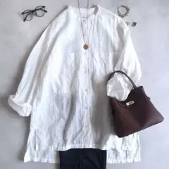 美品▲SHIPS any リネン スタンドカラー ポケット シャツ 白