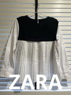 ZARA ブラック・ホワイト プリーツ長袖シャツ M