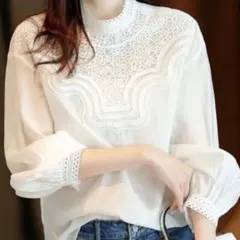 ホワイト レース装飾 ハイネックシャツ