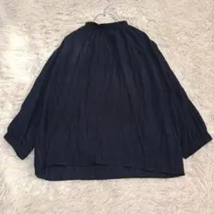 6968 美品✨ノーカラー 七分袖ブラウス プルオーバー 紺 綺麗め 体型カバー