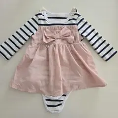 ボーダー ワンピース風 長袖 女の子 リボン ロンパース カバーオール