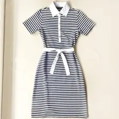 【特価】【超美品】半袖ボーダーポロワンピース　ネイビー&ホワイト　フレンチ膝丈S