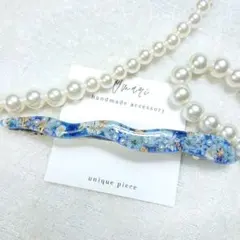 1945＊ハンドメイド♡押し花のロングバレッタ　ブルー