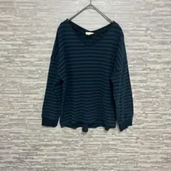 ハッシュアッシュ✨ ボーダーVネック長袖トップス ネイビーM グリーン定番