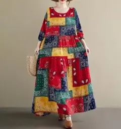 新品☆未使用ロングワンピース レトロ ラウンドネック プリント カラフル