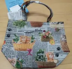 猫と花のプリント 保温冷機能トートバッグ