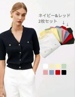 リブ編み半袖ニットカーディガン2色セット金ボタン