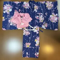 花柄紺色着物 130-140cm 作り帯付き