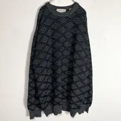 プロントウオモ ニット クルーネック 長袖 総柄 3L以上 黒 ウール デート