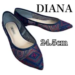 【美品✨️】DIANA ダイアナ 刺繍 チュール フラットパンプス ネイビー