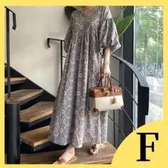 【人気商品】花柄 ロングワンピース バルーンスリーブ Vネック 着痩せ