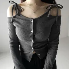 me+em select ダブルリボンオフショルダーリブショート カーディガン