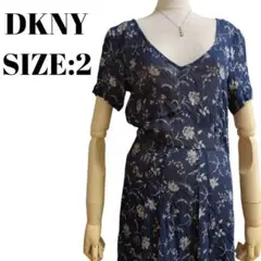 DKNY JEANS ロングワンピース レーヨン 花柄 総柄 ネイビー 2 紺
