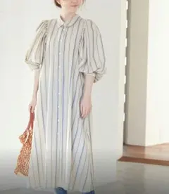 VIS　ストライプ 長袖シャツワンピース