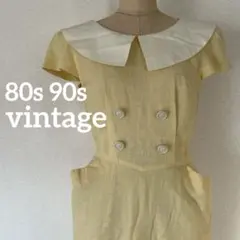 80s90s ビンテージ　半袖ワンピース　ピューリターンカラー　クリームイエロー