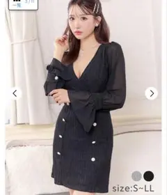シャーリングカシュクールダブルボタンシフォン長袖Ａラインミニドレス