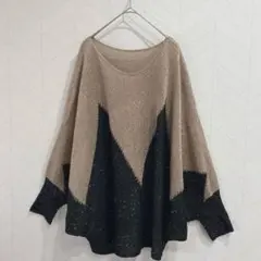 Y528 デザインニット　セーター　ラメ　ドルマンスリーブ　ＸＬ　ベージュ　黒