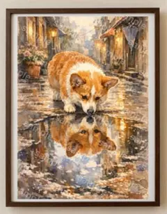 【水彩画アート】雨街に映るコーギーのまなざし 2L版写真用紙