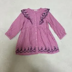 美品　ブランシェス　100cm 長袖ワンピース　刺繍　レース　ピンク　チェック