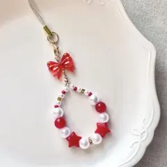 キーホルダー　パール　赤　リボン　ストラップ　かわいい　星　レッド　推し活