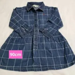 3can4on 90cm チェックワンピース　ブルー　コットン100%