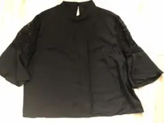 袖レース切替ハイネックブラウスブラック