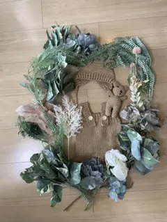 ベージュ ニットオーバーオール くま耳帽子付き