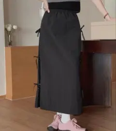 バイムニール サイドリボン ロングスカート 黒 新品free 春夏 韓国風