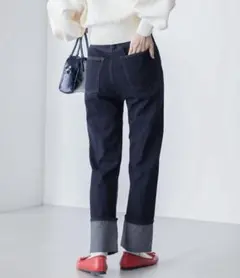 ロールアップ デニムパンツネイビー系(ステッチ：緑)のサムネイル