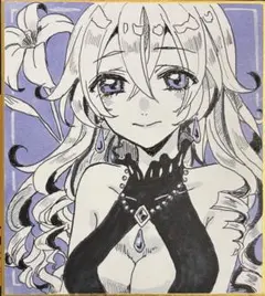 オリジナル手描きイラスト　『百合の乙女』　ペン画　色紙　アナログ