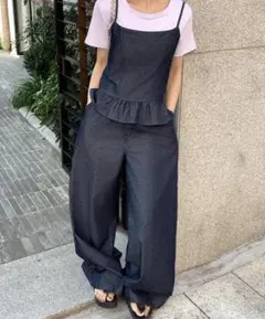 デニムキャミソールトップ フリルヘム デニムパンツセット