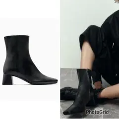 ザラ レザー ショートブーツ スクエアトゥ ブロックヒール 39 黒 ZARA