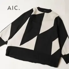 ⭐️美品AIC. 幾何学模様ニット 中厚手 長袖トップス 化繊 アイボリーブラック