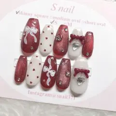 ネイルチップ 赤 ボルドー マグネットネイル リボン ガーリー