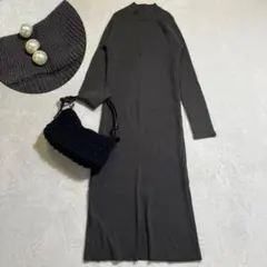 ナチュラルクチュール/リブニットワンピース/パール釦/ロング丈/スリット/F