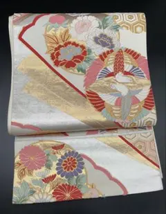 高級　洒落帯　袋帯　♢ 正絹　金糸　花柄　草花　七宝柄　R398