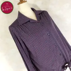 日本製 レトロ ブラウス 総柄 オープンカラー 裾紐 古着 紺 赤 白