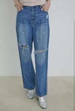 ラインストーンストレートスリットデニム dholic スナイデル　snidel
