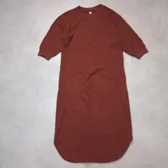 ユニクロ ワッフル生地 クルーネック7分袖ワンピース【S】ブラウン zz