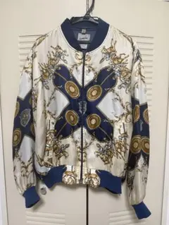 ヴィンテージ 総柄 サテン ブルゾン ジャケット ゴールド×ネイビー 派手柄